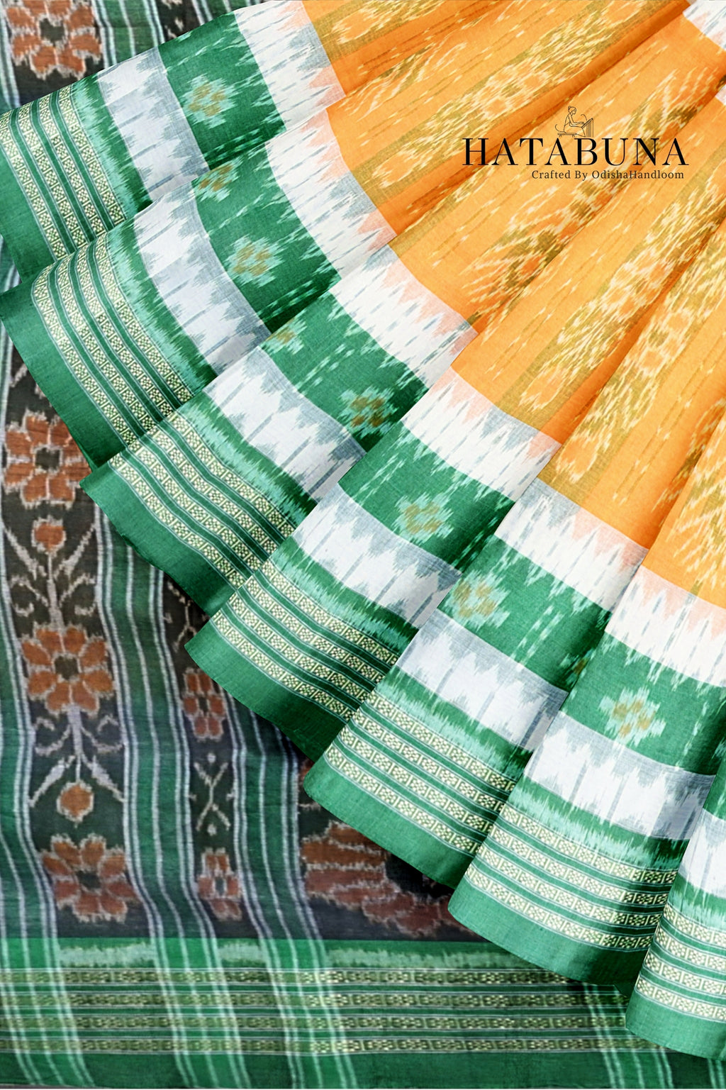 Sambalpuri Ikat Handloom meserized cotton Saree – Golden Yellow & Emerald Green