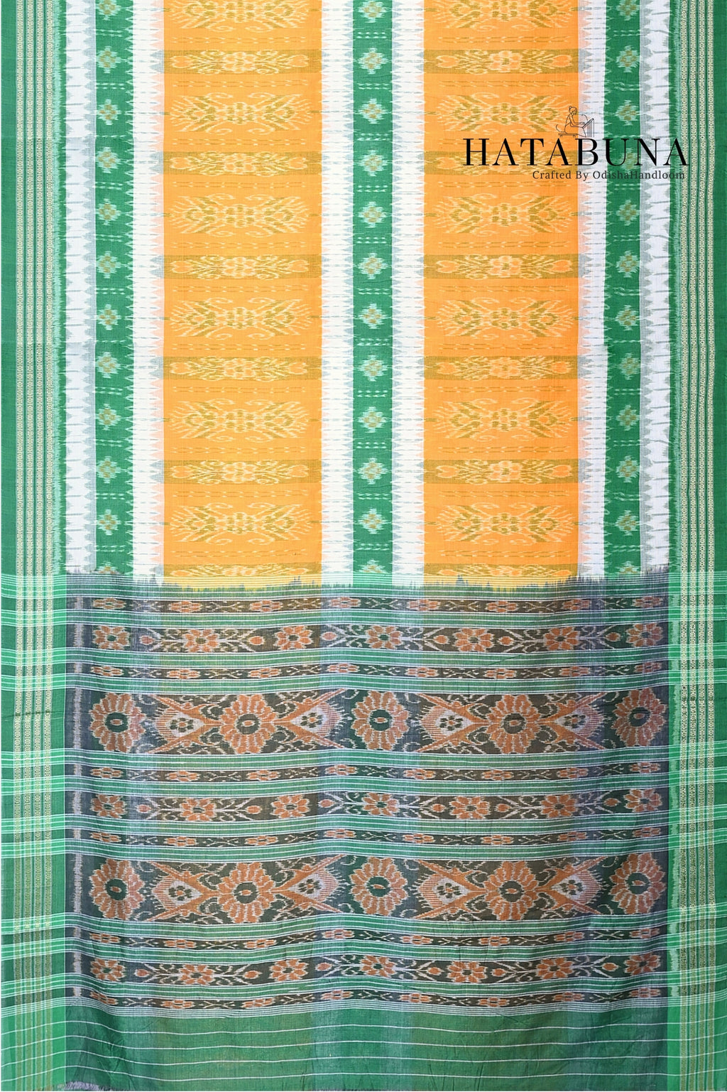Sambalpuri Ikat Handloom meserized cotton Saree – Golden Yellow & Emerald Green