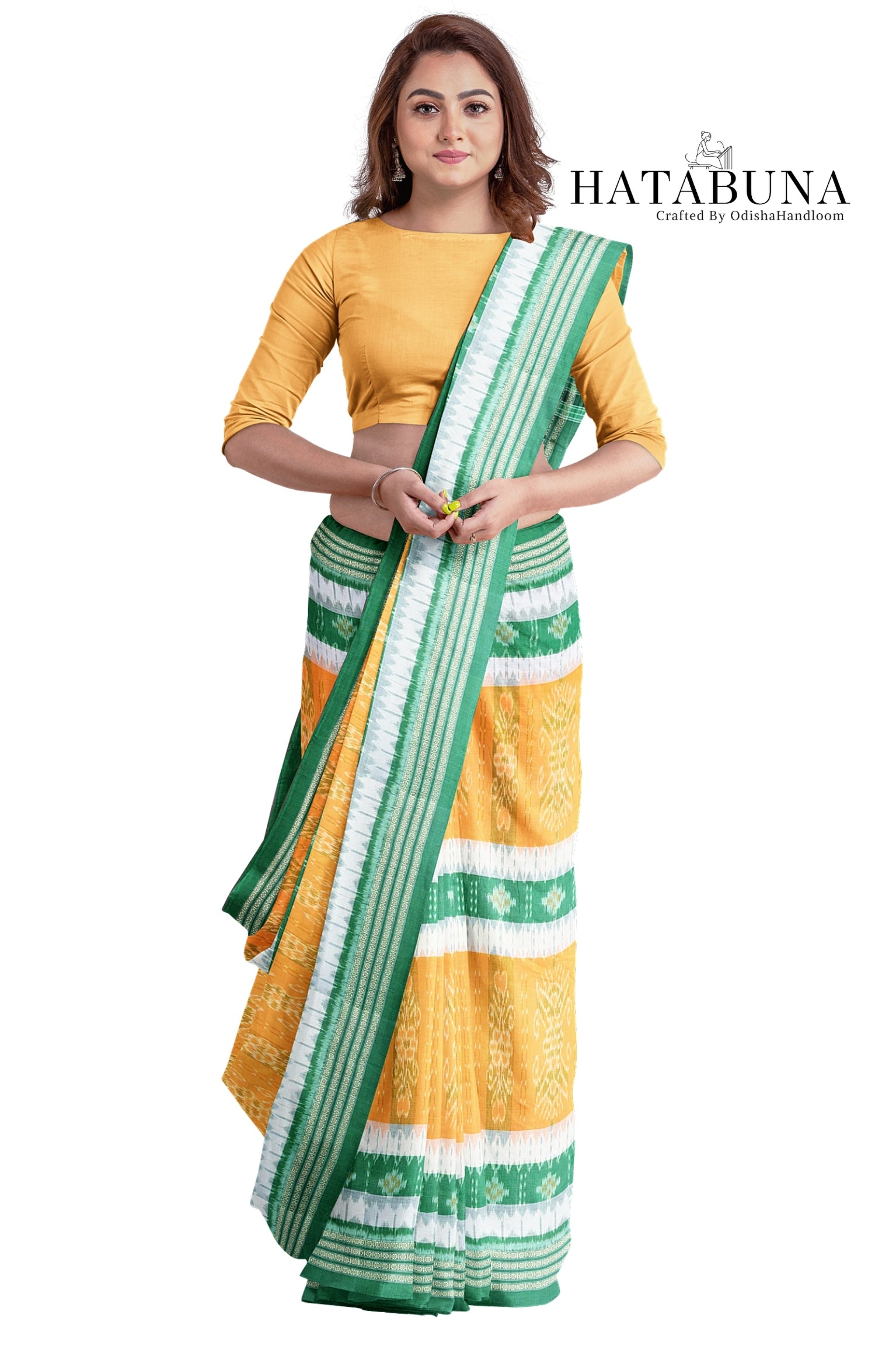 Sambalpuri Ikat Handloom meserized cotton Saree – Golden Yellow & Emerald Green