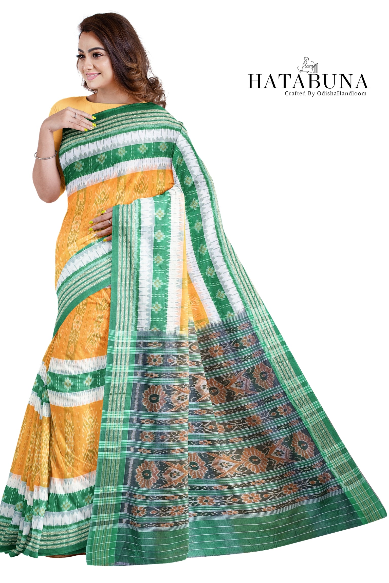 Sambalpuri Ikat Handloom meserized cotton Saree – Golden Yellow & Emerald Green