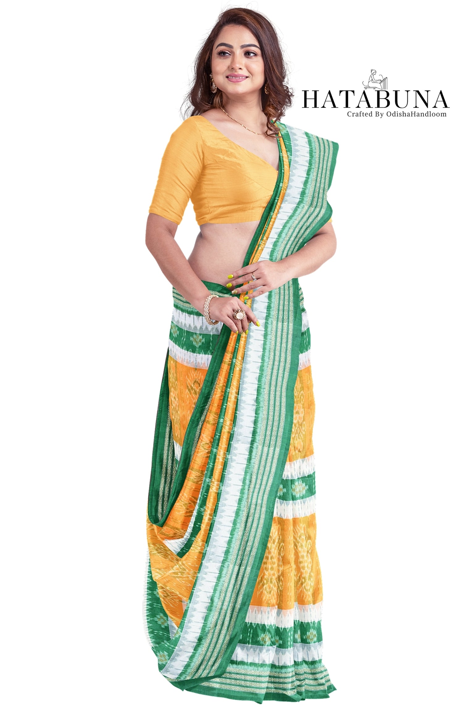 Sambalpuri Ikat Handloom meserized cotton Saree – Golden Yellow & Emerald Green