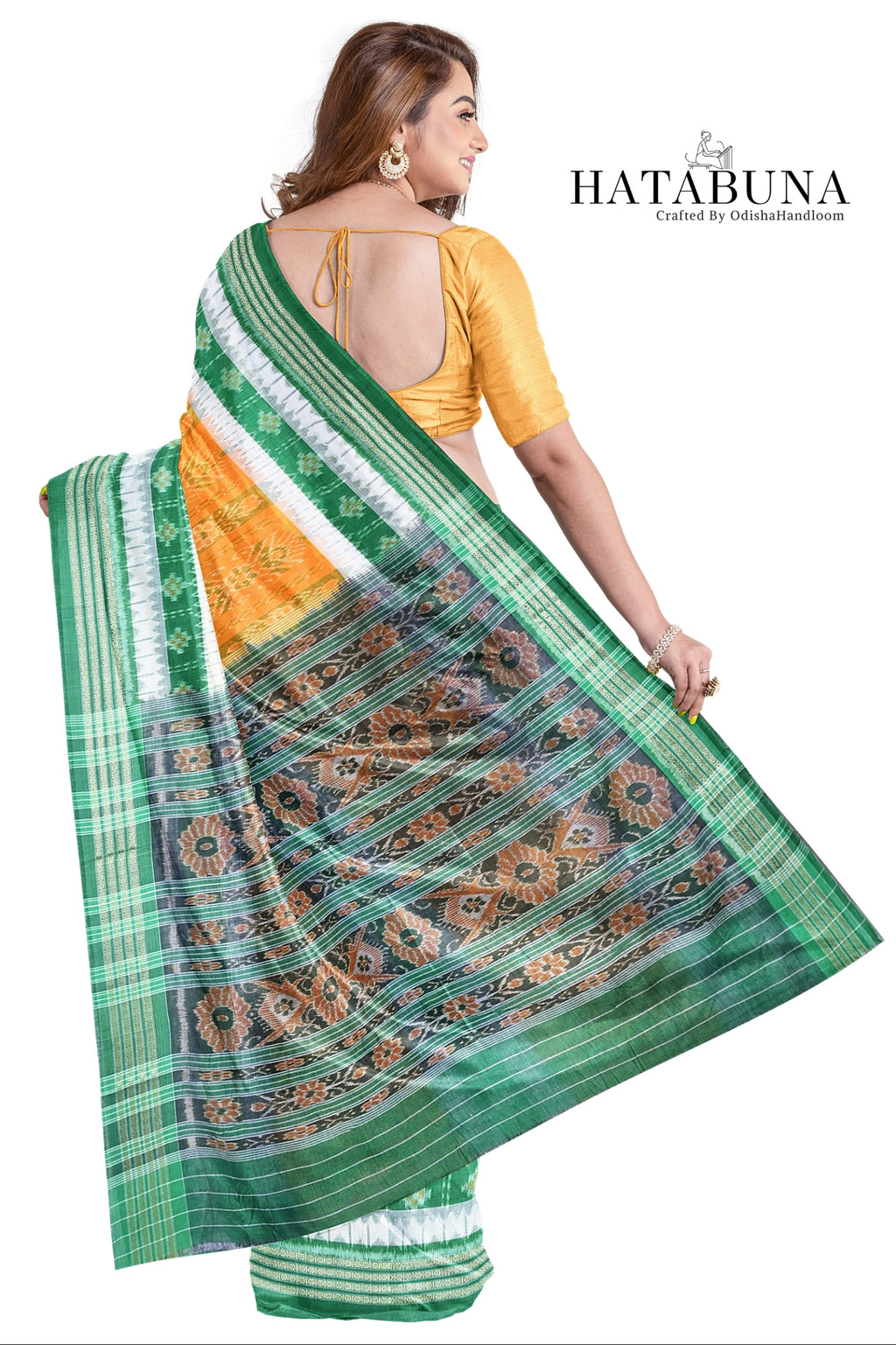 Sambalpuri Ikat Handloom meserized cotton Saree – Golden Yellow & Emerald Green