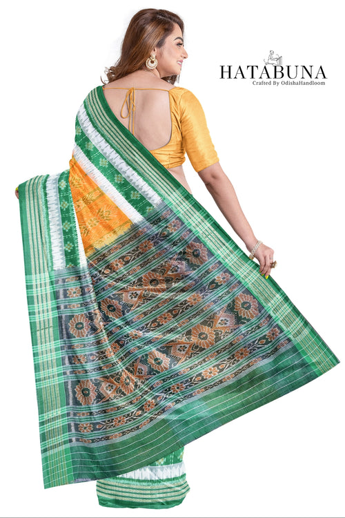 Sambalpuri Ikat Handloom meserized cotton Saree – Golden Yellow & Emerald Green