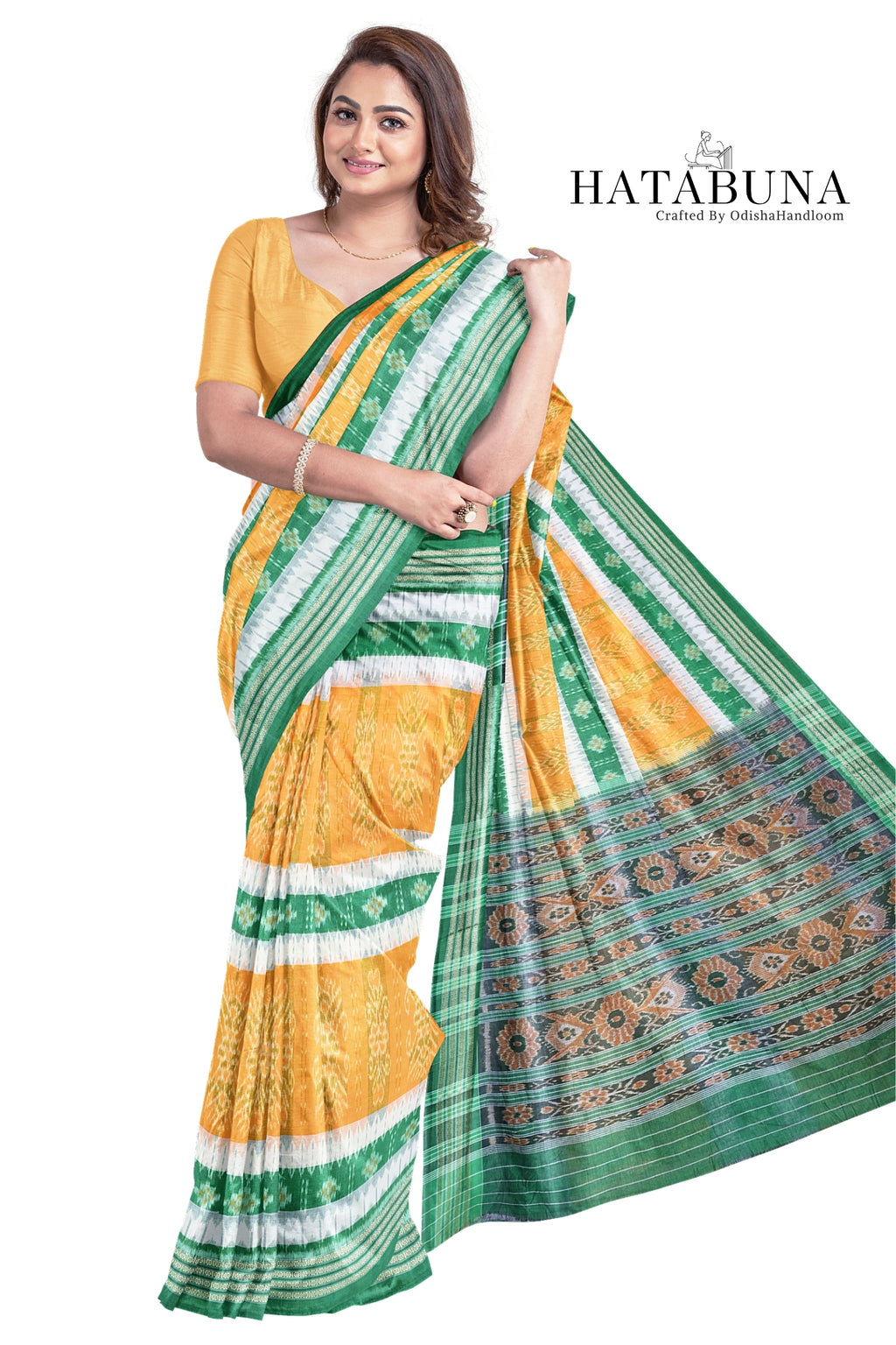 Sambalpuri Ikat Handloom meserized cotton Saree – Golden Yellow & Emerald Green