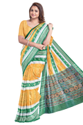 Sambalpuri Ikat Handloom meserized cotton Saree – Golden Yellow & Emerald Green